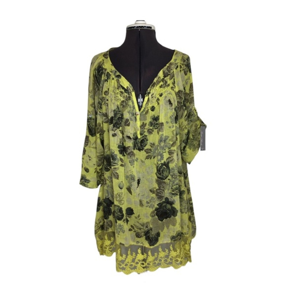 Luigi Moda Made‎ in Italy Sheer Cotton Green Gray Floral Print Boho tunic Top XL